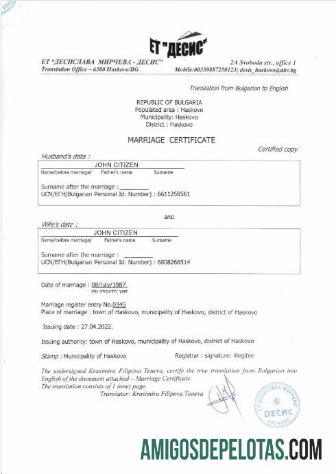 Certidão de Casamento do Município de Haskovo, Bulgária amostra